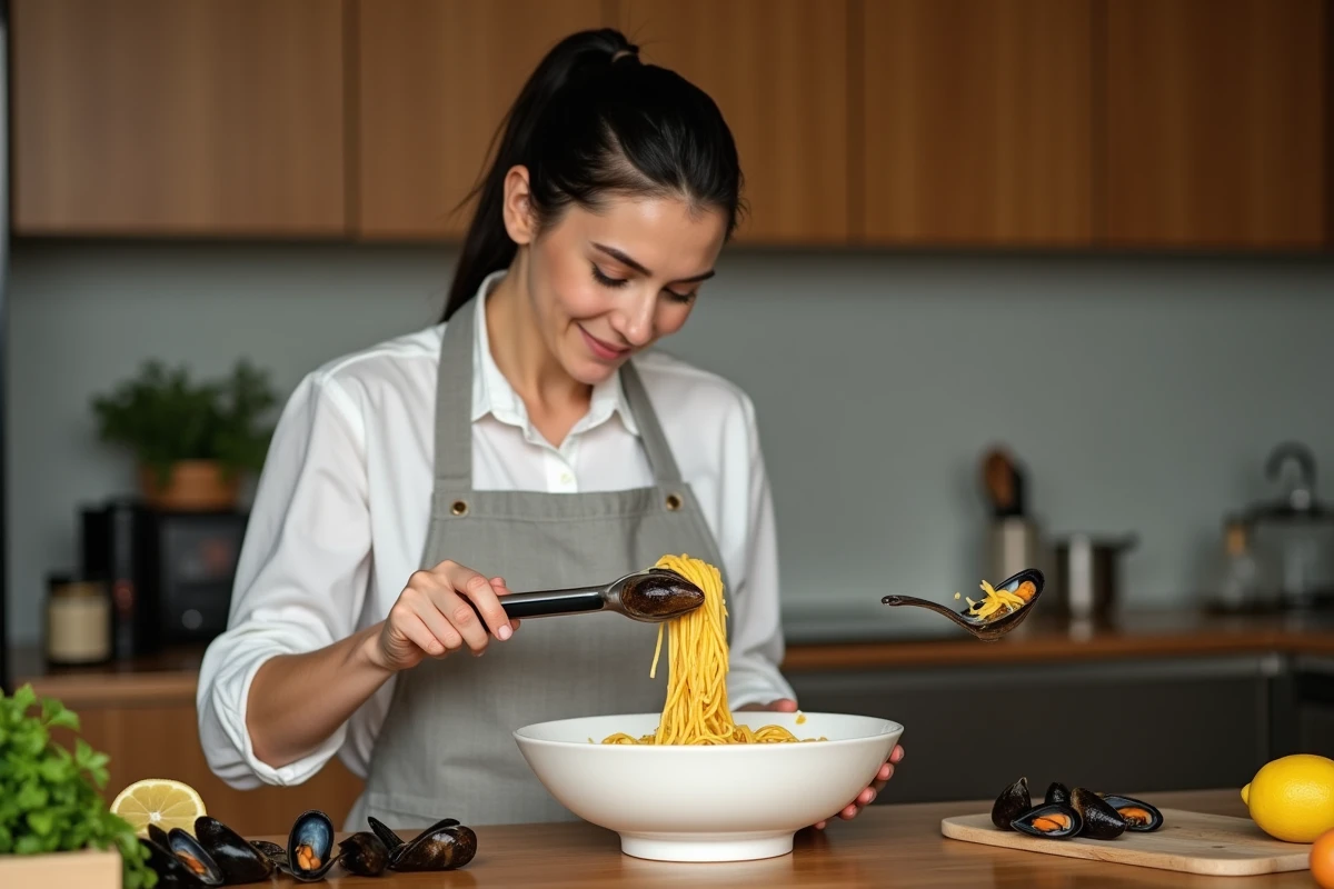 Femme préparant des moules aux pâtes fraîches avec une sauce crémeuse dans une cuisine chaleureuse