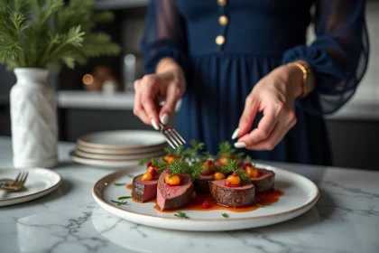 Femme souriante préparant un filet mignon festif dans une cuisine moderne