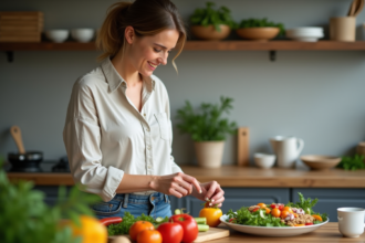 Femme en cuisine préparant une salade colorée
