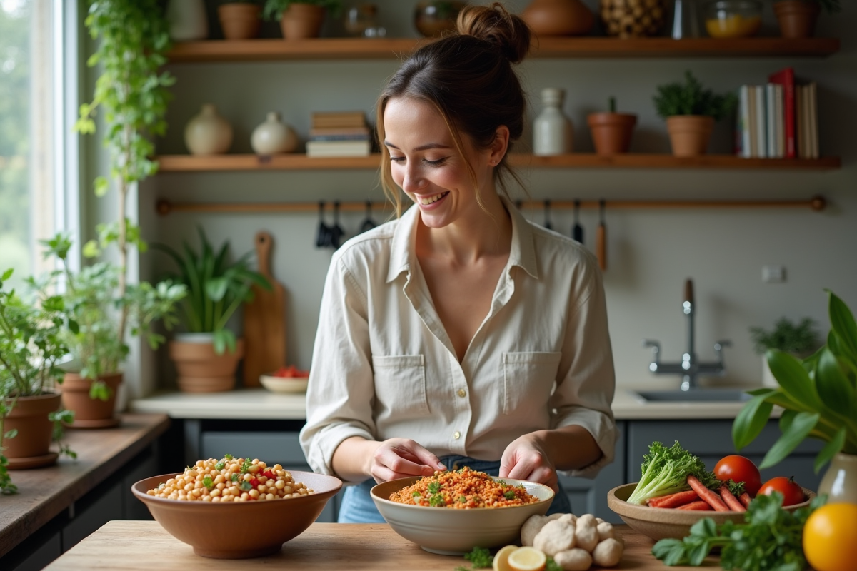 Femme souriante préparant une salade de légumes frais