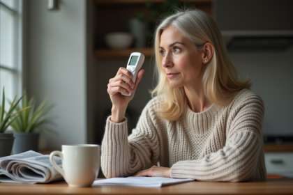 Femme d'âge moyen prenant sa température avec un thermomètre