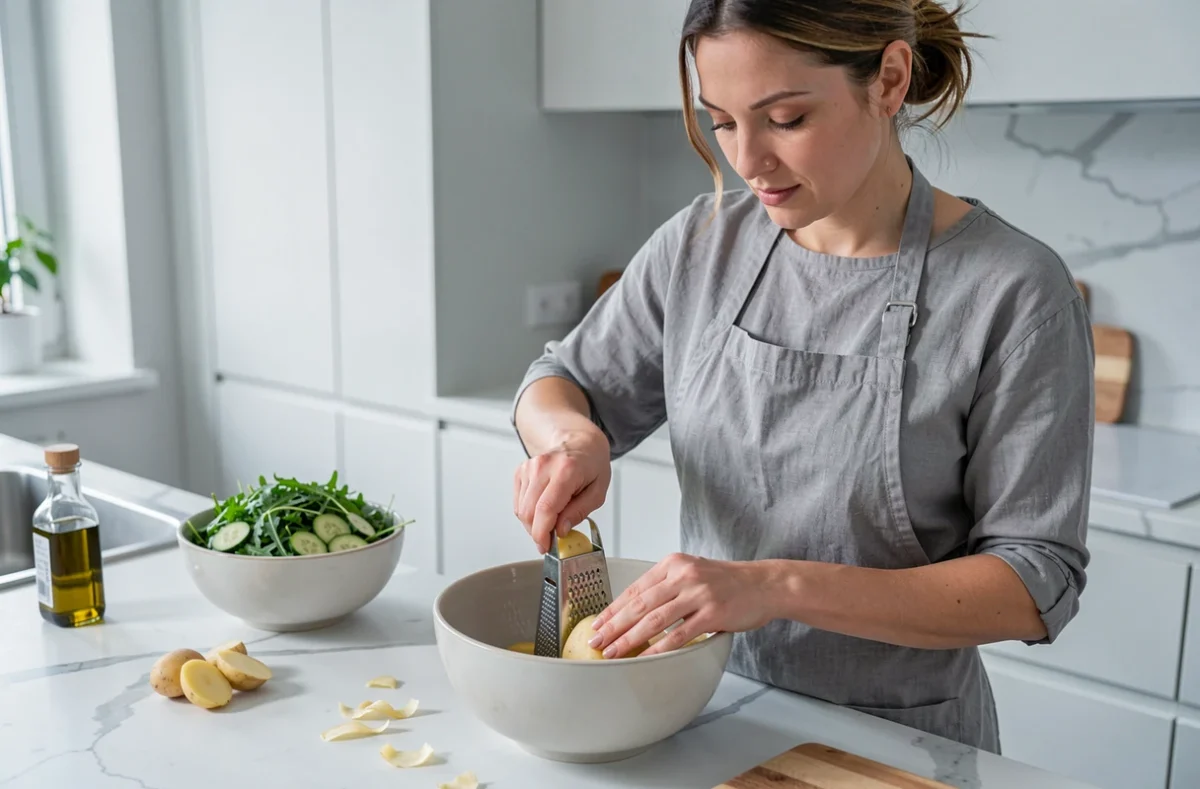 Femme râpant des pommes de terre dans une cuisine scandinave moderne avec une salade verte en arrière-plan