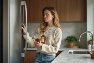 Femme en cuisine tenant une bouteille de whisky irlandais