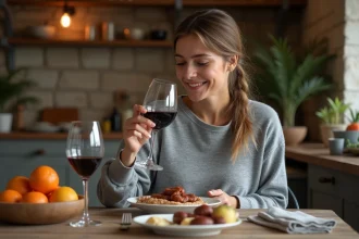 Femme dégustant un repas de boudin noir avec vin rouge dans une ambiance chaleureuse