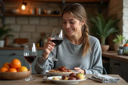 Femme dégustant un repas de boudin noir avec vin rouge dans une ambiance chaleureuse
