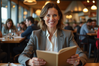 Femme d'âge moyen souriante dans un restaurant animé