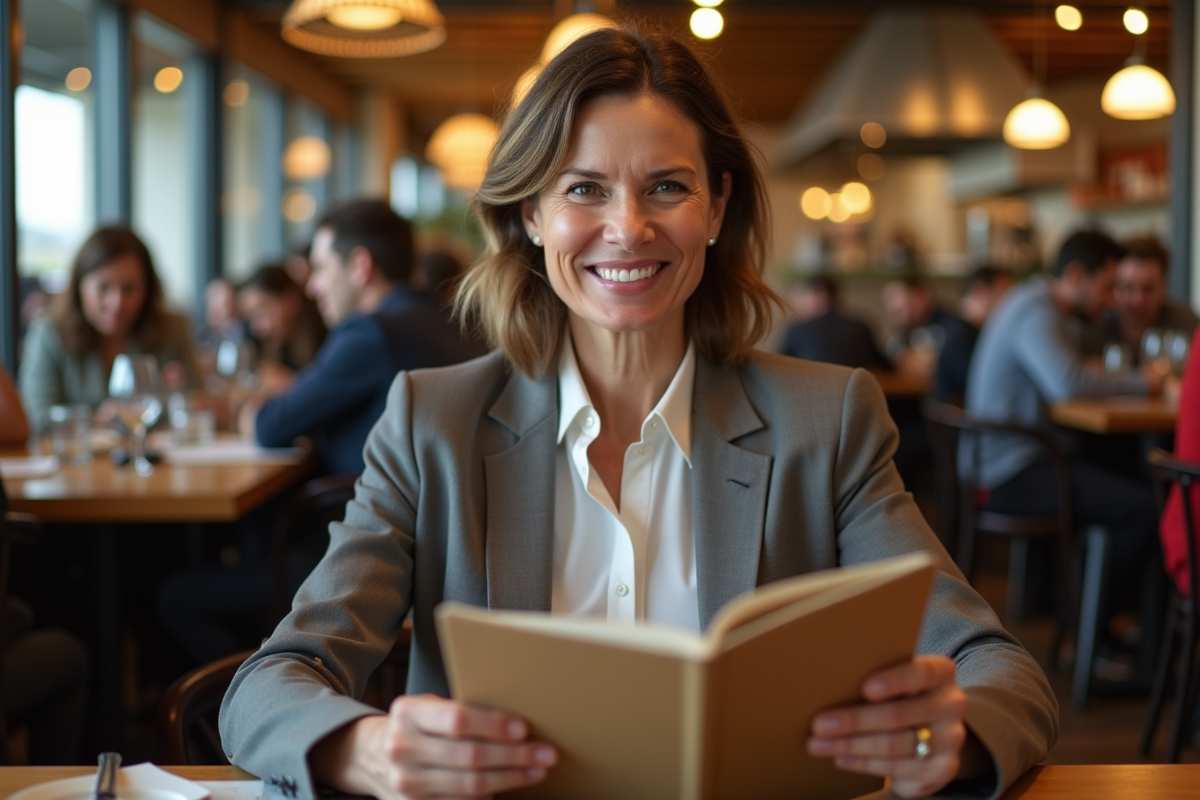 Femme d'âge moyen souriante dans un restaurant animé