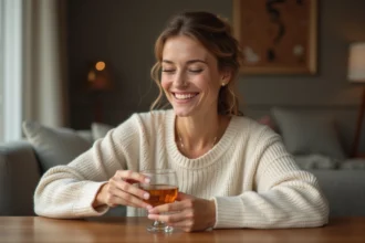 Femme détendue dégustant un whisky crémeux dans un salon cosy