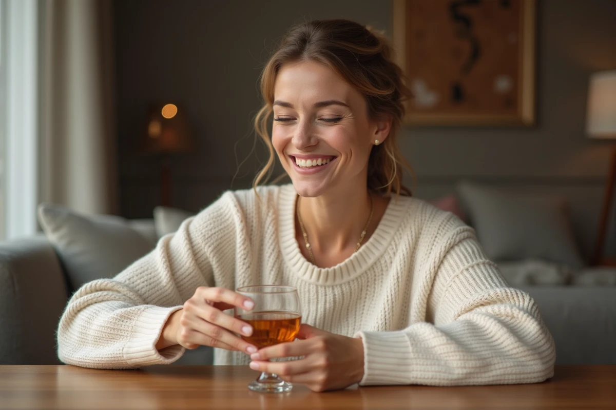 Femme détendue dégustant un whisky crémeux dans un salon cosy