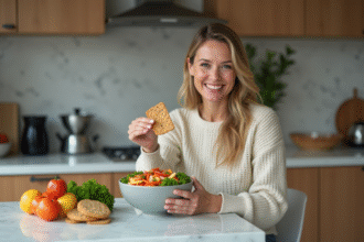 Femme dégustant une salade colorée dans une cuisine moderne