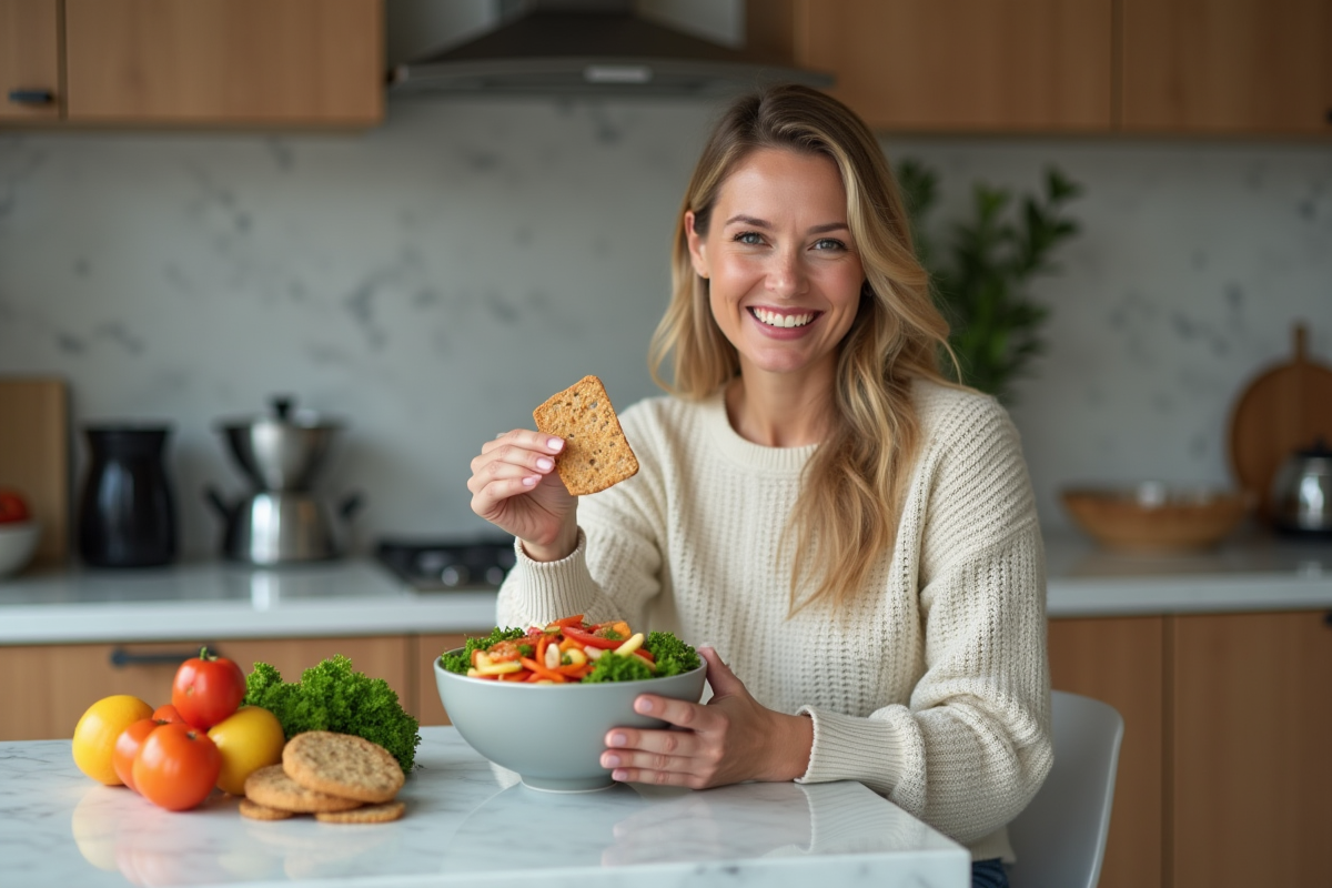 Femme dégustant une salade colorée dans une cuisine moderne