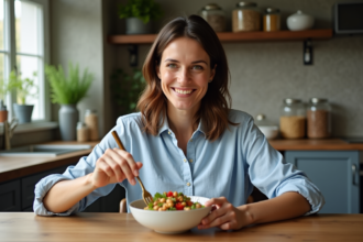 Femme préparant une salade de lentilles dans une cuisine chaleureuse