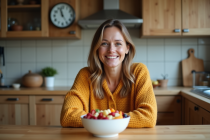Femme souriante mangeant salade de fruits en cuisine automnale