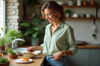 Femme méditant sur un repas sain avec lentilles et poisson