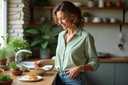 Femme méditant sur un repas sain avec lentilles et poisson