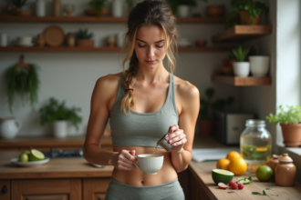 Femme active versant du thé aux herbes dans la cuisine