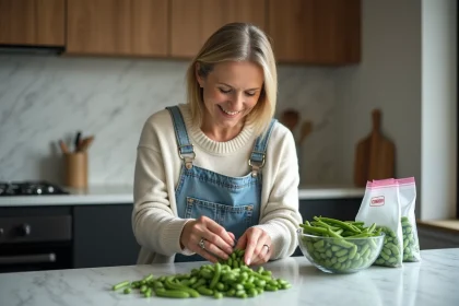 Femme d'âge moyen triant des haricots verts dans la cuisine