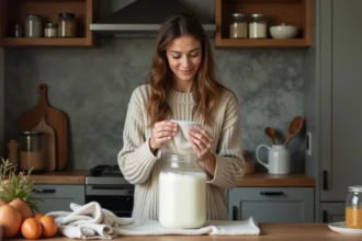 Femme enveloppant un pot de yaourt dans une serviette en cuisine