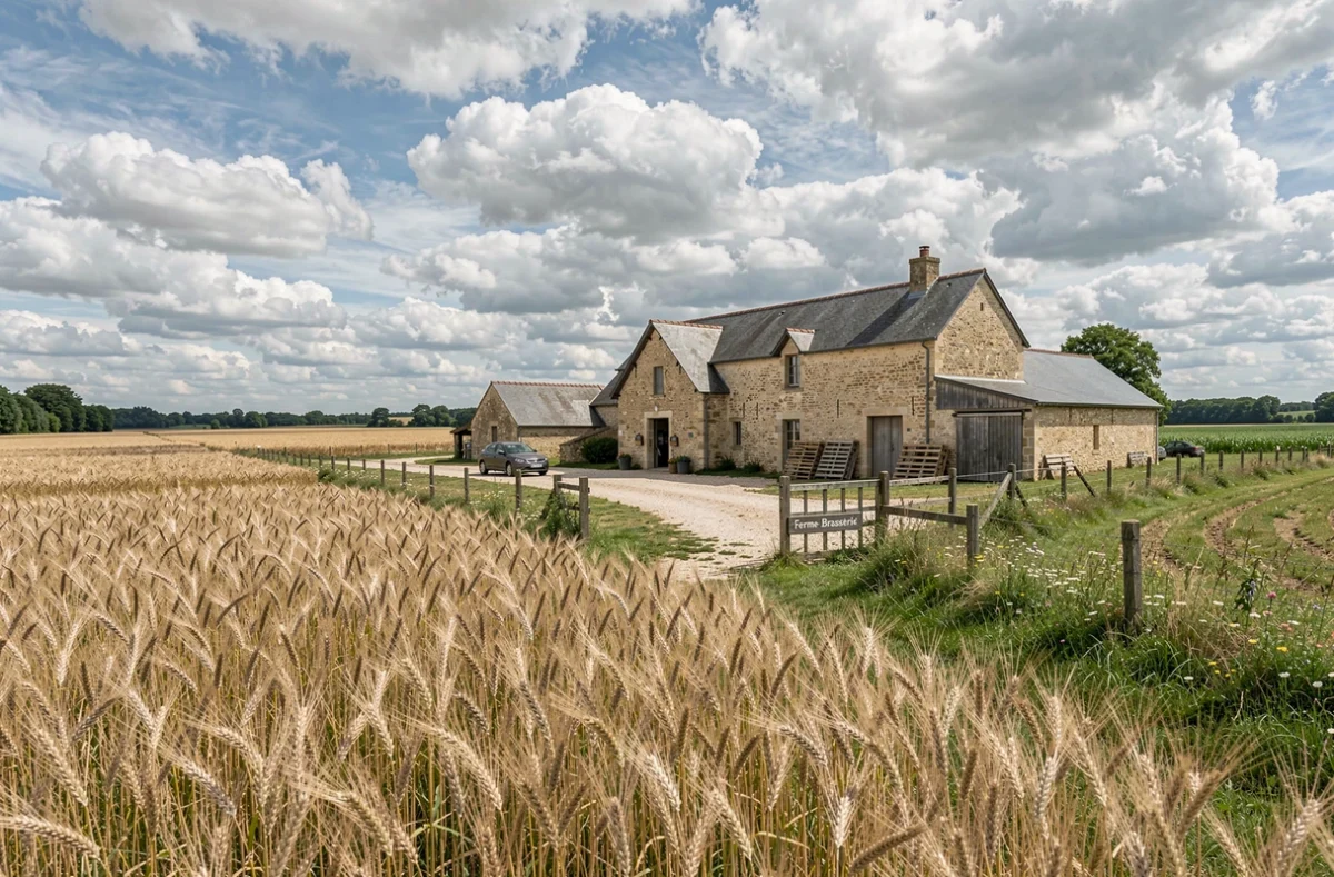 Vue panoramique de la Ferme-Brasserie du Vexin entourée de champs d'orge dorés dans le parc naturel du Vexin français, avec les bâtiments agricoles en pierre au milieu d'un paysage rural typique d'Île-de-France.