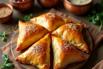 Feuilles de brick croustillantes dorées en triangle sur une planche en bois rustique, vue de dessus dans une cuisine marocaine