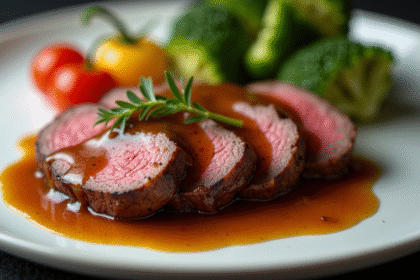 Filet mignon tranché avec sauce riche sur assiette blanche