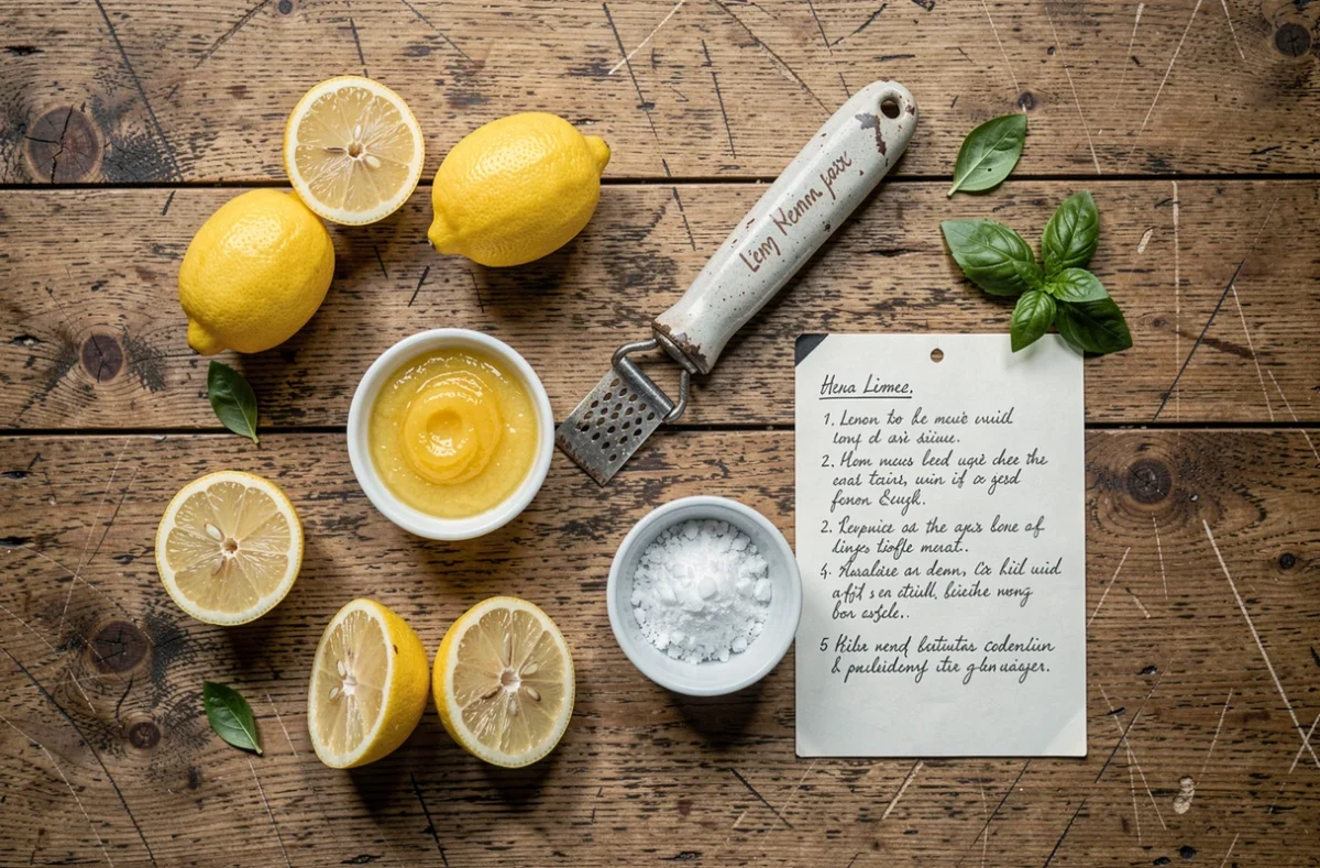 Vue aérienne d'une table en bois rustique avec des citrons frais, un zesteur vintage, du lemon curd maison et une fiche recette manuscrite pour explorer de nouvelles façons d'utiliser le citron en cuisine