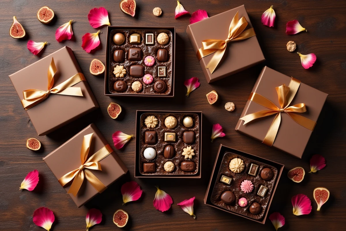 Vue de dessus d'une mise en scène de plusieurs coffrets de chocolats Dubaï en bois foncé entourés de pétales de rose et de rubans dorés