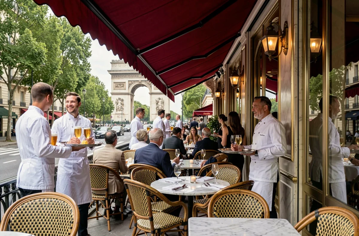 Terrasse emblématique de Fouquet's sur les Champs-Élysées à Paris, avec des fauteuils en osier, des stores rouges caractéristiques, des serveurs en veste blanche et l'Arc de Triomphe visible en arrière-plan dans le feuillage.