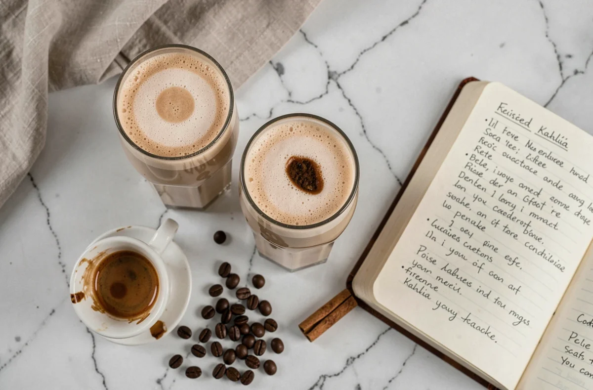 Vue du dessus de deux frappés au Kahlúa sur marbre avec carnet de recettes et grains de café