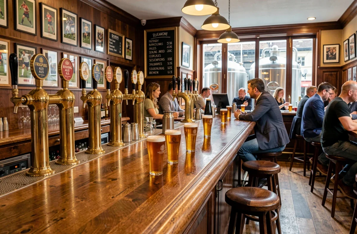 Intérieur animé d'un FrogPubs à Paris, avec un long bar en acajou équipé de pompes à bière à l'anglaise en laiton, des cuves de brassage visibles derrière une vitre et une ambiance de brewpub britannique authentique.