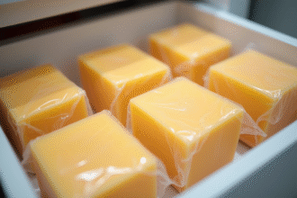 Différentes pièces de fromage emballées dans des sacs de congélation dans un tiroir