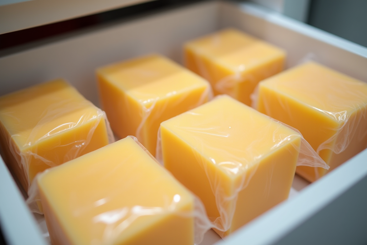 Différentes pièces de fromage emballées dans des sacs de congélation dans un tiroir