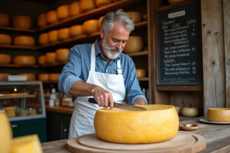 Fromager tranchant une meule de Beaufort entière sur un comptoir en bois dans une fromagerie artisanale française