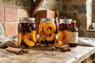 Bocaux en verre remplis de fruits macérés à l'alcool sur un comptoir en bois rustique avec des épices et une bouteille d'alcool pour fruits