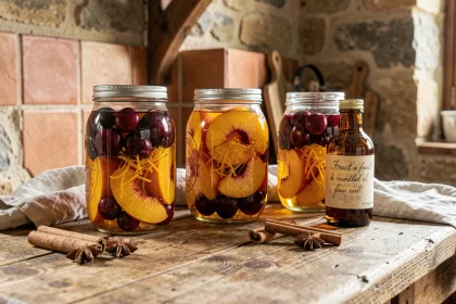 Bocaux en verre remplis de fruits macérés à l'alcool sur un comptoir en bois rustique avec des épices et une bouteille d'alcool pour fruits