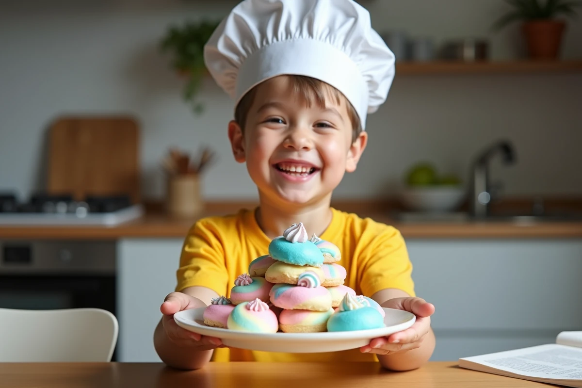 Jeune garçon montrant des biscuits unicorns décorés
