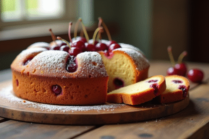 Gâteau basque aux cerises frais tranché sur une table en bois
