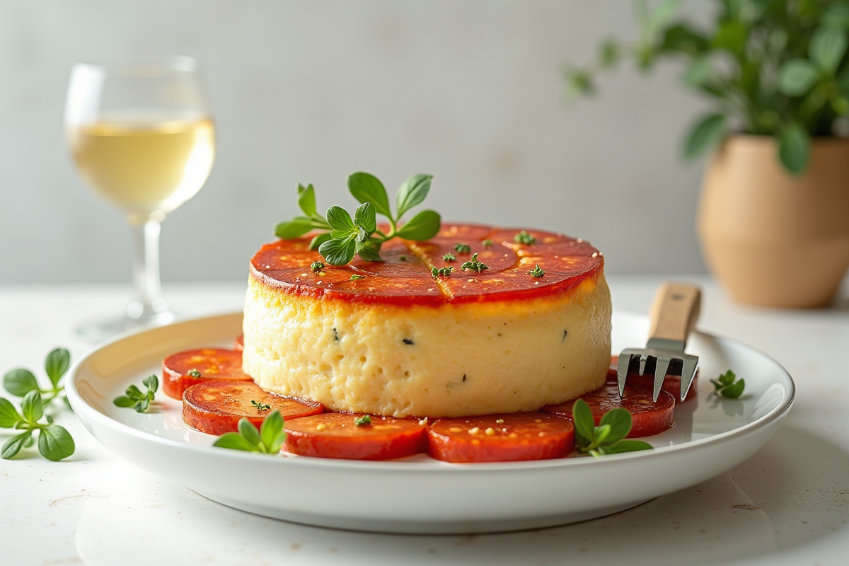 Gâteau chorizo et chèvre sur assiette moderne avec vin blanc