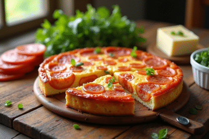 Gâteau salé chorizo et chèvre tranché sur table en bois