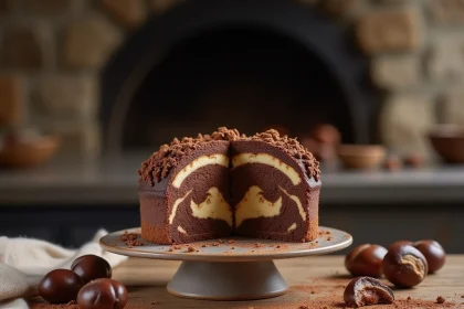Gâteau crème de marrons et chocolat tranché sur une table en chêne rustique, révélant un intérieur moelleux aux marbrures de chocolat noir