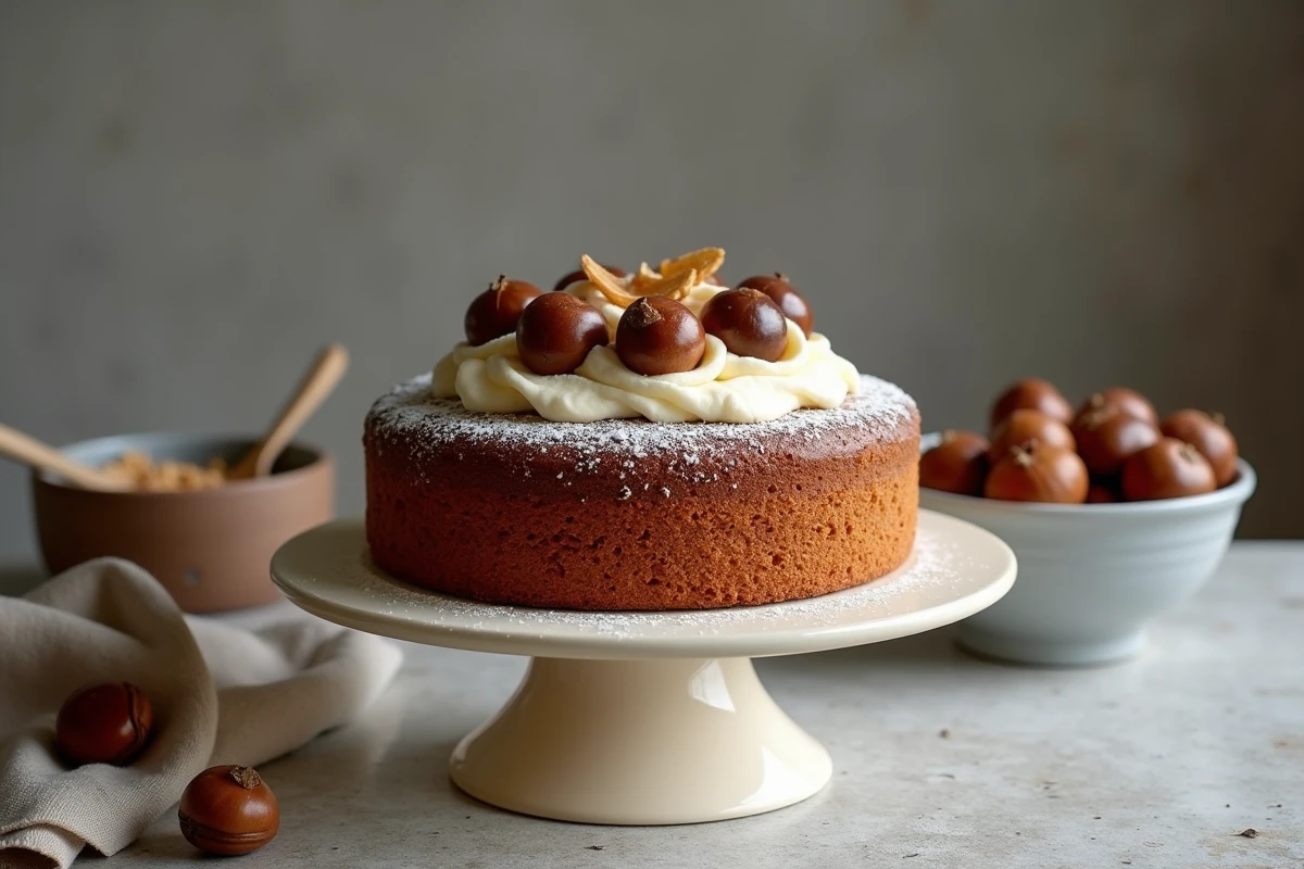 Marron gâteau entier sur présentoir crème avec crème de marrons et marrons glacés, posé sur un comptoir en pierre grise dans une ambiance cuisine authentique