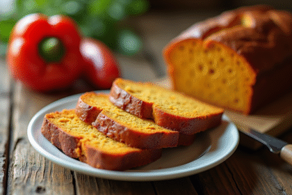 Tranche de cake aux poivrons et chorizo sur table en lumière naturelle
