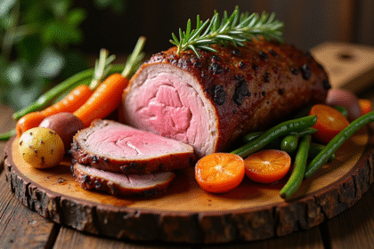 Gigot d'agneau rôti tranché avec légumes colorés