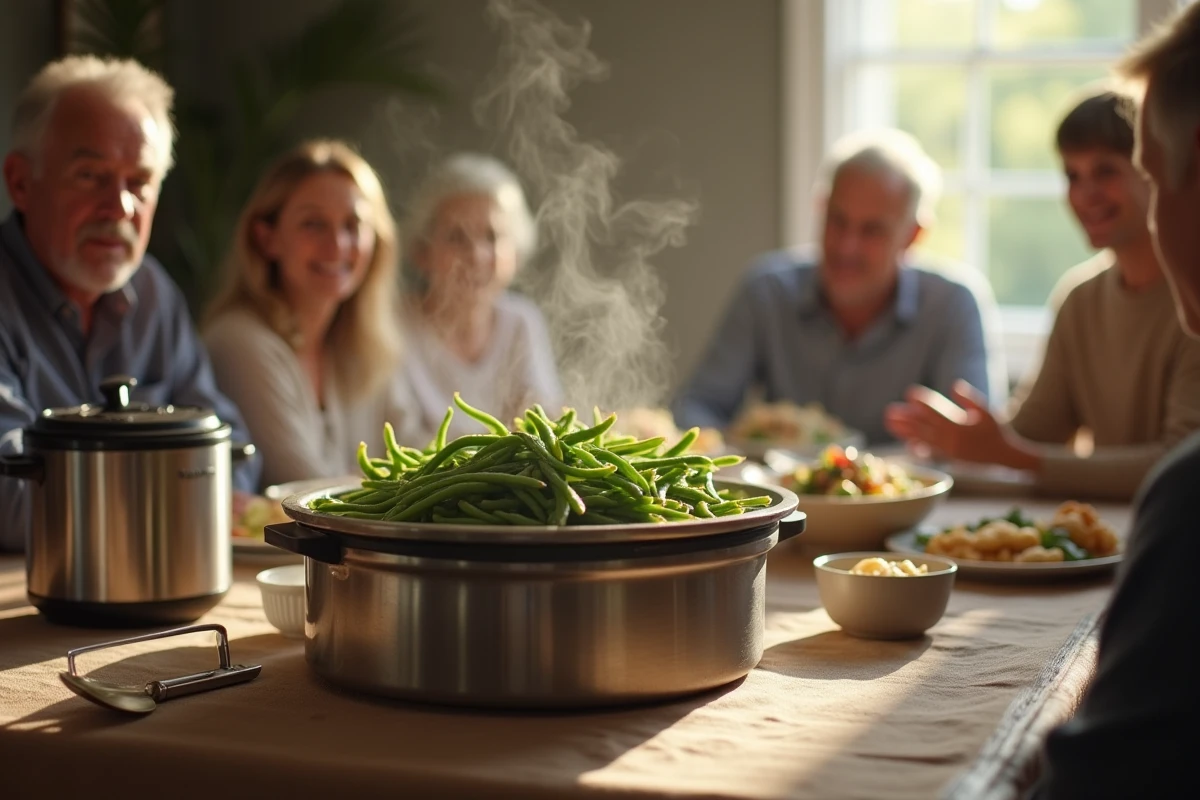 Grande tablée familiale avec plat de haricots verts cuits à la cocotte minute au centre de la table
