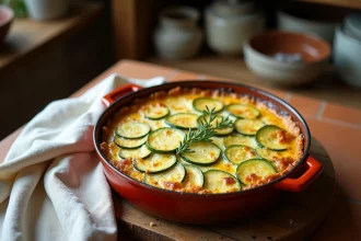 Gratin de courgettes maison dans un plat en céramique rustique avec fromage fondu et thym frais