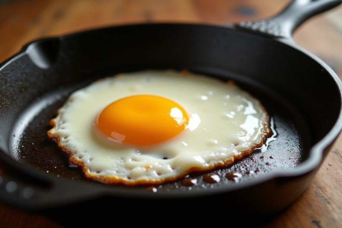 Gros plan d'un œuf au plat dans une poêle en fonte avec comparatif des protéines alternatives sans lactose