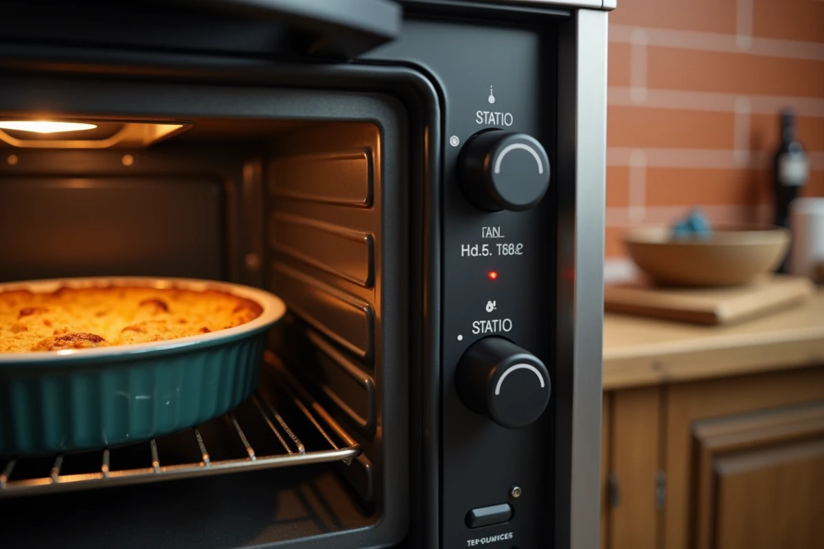 Gros plan du sélecteur de chaleur statique sur un four avec un crumble en cuisson