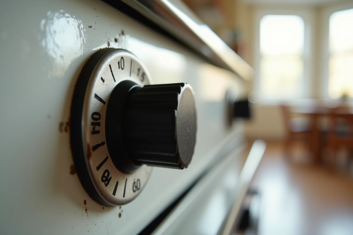 Gros plan sur un thermostat de four analogique réglé précisément sur 180 degrés