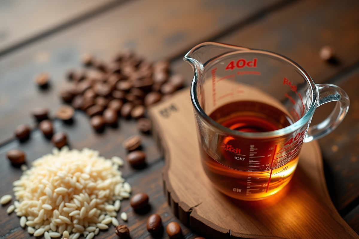 Gros plan d un verre doseur rempli de 40 cl avec grains et café