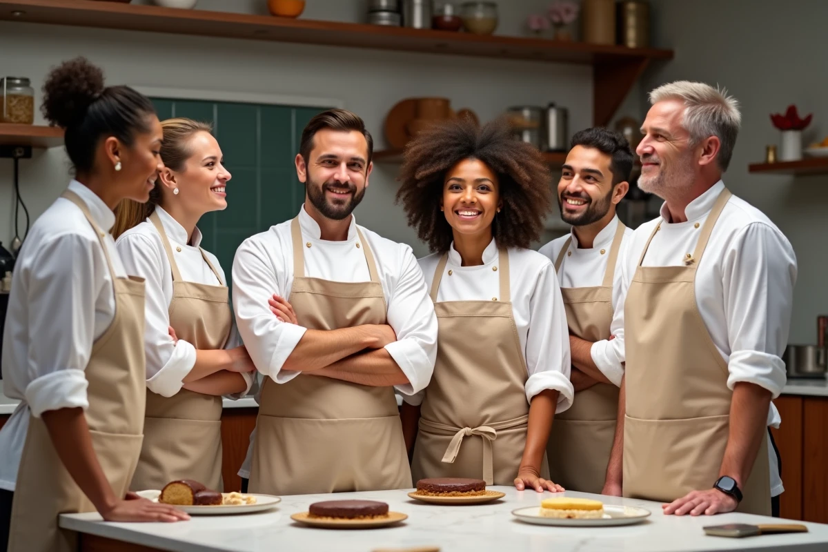 Groupe de concurrents pâtissiers dans une cuisine élégante